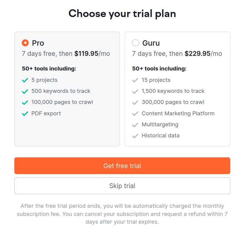 Semrush trial plans