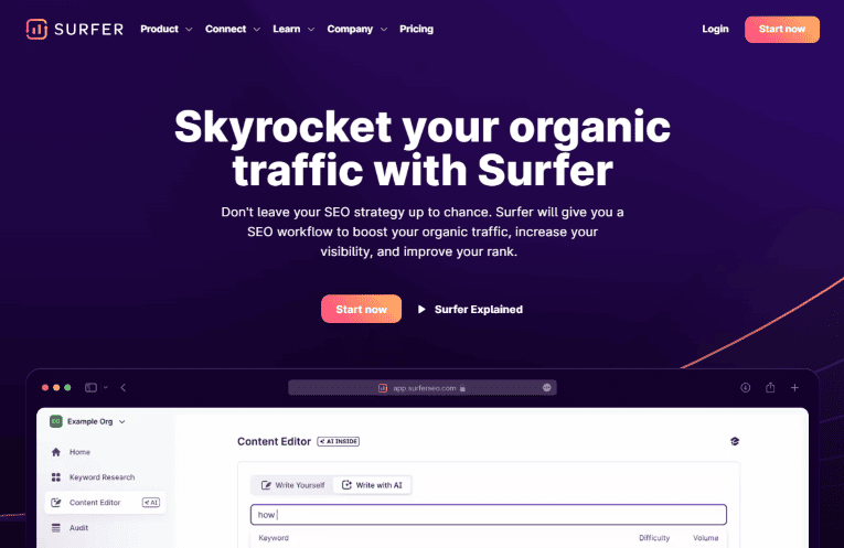 Surfer SEO homepage