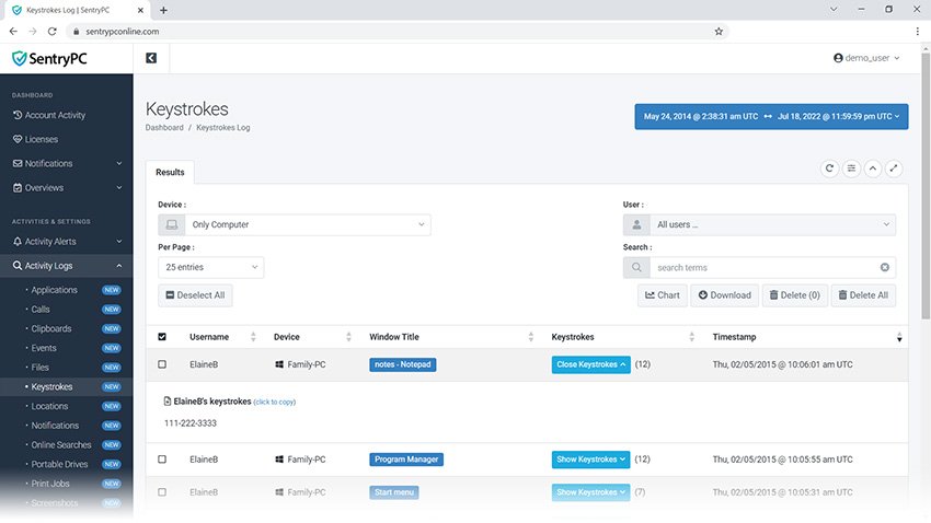 SentryPC monitoring keystrokes